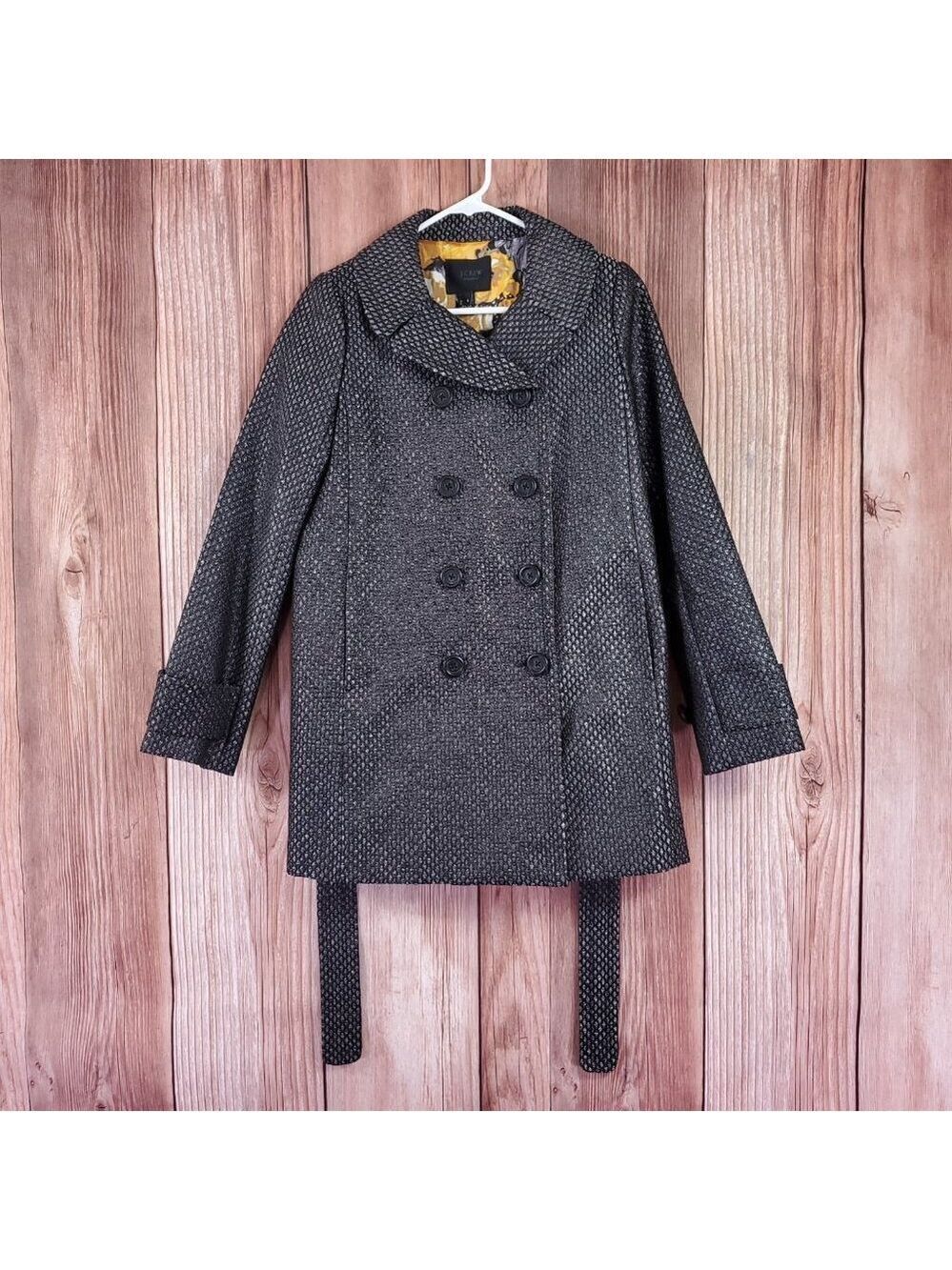NWT J Crew Collection Womens 4 Black Label Gunmetal Metallic Jacquard Pea Coat
